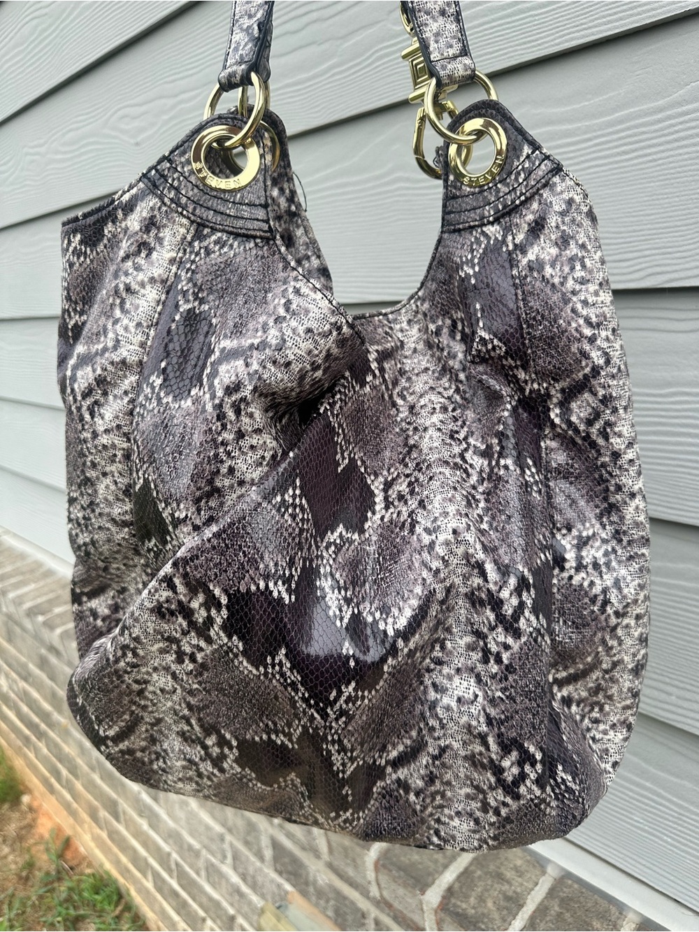 Steven By Steve Madden Gray and Black Snake-Print Hobo Tote